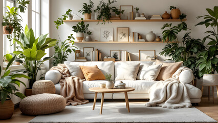 An inviting interior space that combines soft neutral tones and natural light, enhancing the comfort of plush cushions and decorative items. Smart shelving solutions and a neat coffee table