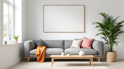 A stylish minimalist living room showcasing a gray sofa with colorful pillows, accompanied by a small wooden coffee table
