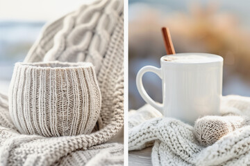 still lifes with cozy knitted goods, and a cup of warm drink