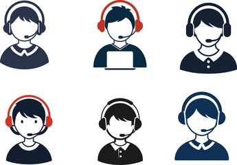 Set of Call Center Representative Boy Icon Silhouette Vector