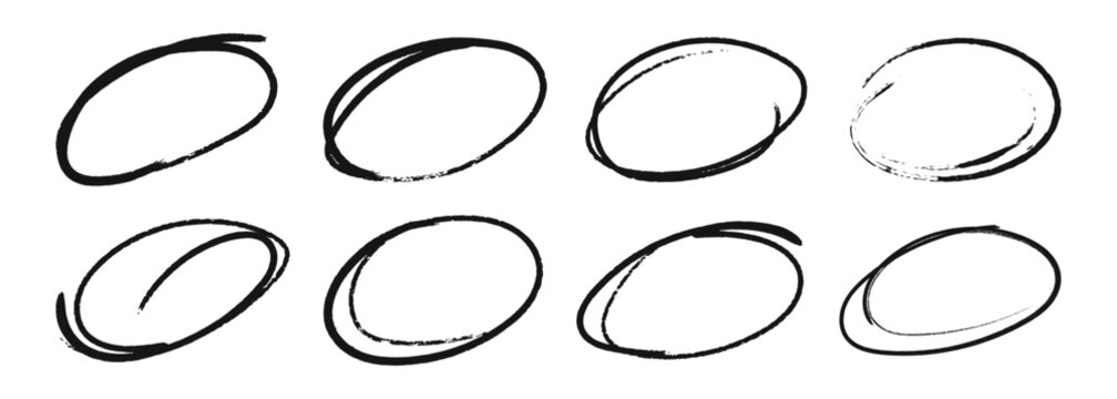 Hand-drawn doodle oval elements in black charcoal. Scribble circle round frames