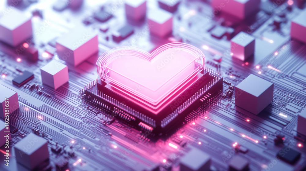 Poster a glowing heart shape embedded in a circuit board design symbolizes the fusion of technology and lov