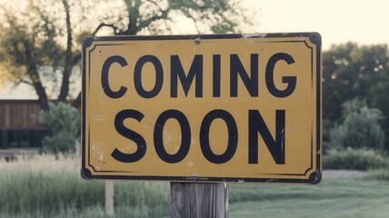 Yellow "COMING SOON" sign with black border, set in outdoor environment with trees.