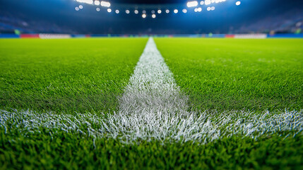 Close-up view of a soccer field at night, focused on the center line with bright stadium lights illuminating the scene.