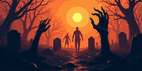 Halloween background with zombie hand and skeleton hand, cemetery for holiday poster. Creepy and mystical background with cross, grave, tombstone and dead man for dark fear October design