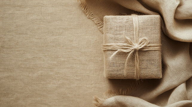 Small gift wrapped in burlap fabric with a simple twine bow on a beige background.