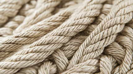 Fototapeta premium Close-up of thick, woven natural rope fibers, showcasing texture and pattern in a neutral beige tone.