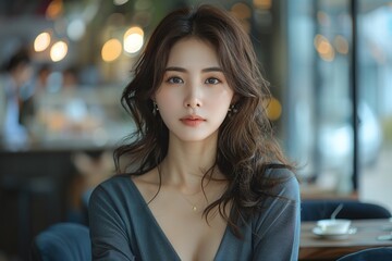 Korean woman in a casual black outfit, sitting in a modern indoor caf&eacute; setting with soft lighting, lifestyle photography ideal for everyday, relaxed, and urban themes, with copyspace for text.
