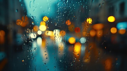 Obraz premium Photograph of a rainy window with blurred city lights and traffic, soft-focus photography, bokeh panorama, dark blue background, blurry water drops on the glass, evening light