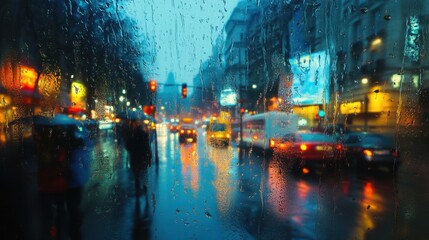 Obraz premium Photograph of a rainy window with blurred city lights and traffic, soft-focus photography, bokeh panorama, dark blue background, blurry water drops on the glass, evening light