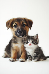 Obraz premium A cute kitten and puppy sitting together on a white background, looking at the camera.
