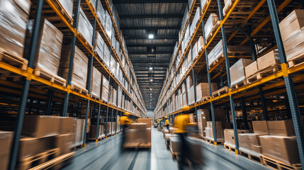 Obraz premium Large warehouse interior with stacked shelves and boxes, showcasing storage and logistics in a busy distribution center.