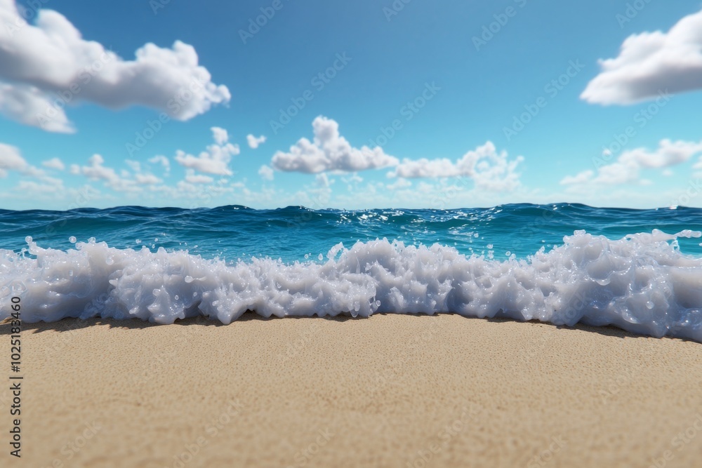 Poster hyper-realistic ocean scene with waves crashing against the shore, showing every drop of water and f