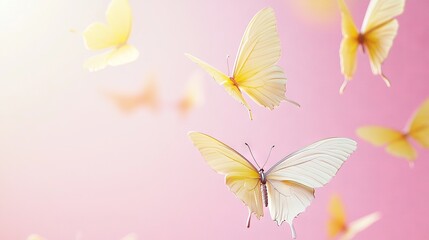 Fototapeta premium A swarm of golden and off-white butterflies soaring against a soft pink backdrop