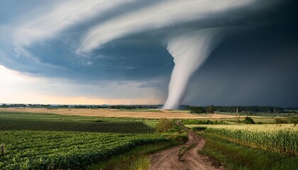 A tornado races across farmland destroying everything in its path, AI Generated image 