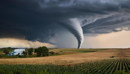 A tornado races across farmland destroying everything in its path, AI Generated image