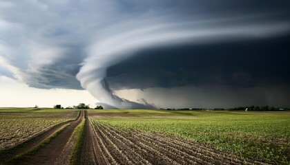 A tornado races across farmland destroying everything in its path, AI Generated image