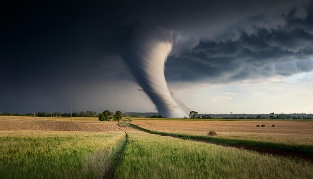 A tornado races across farmland destroying everything in its path, AI Generated image 