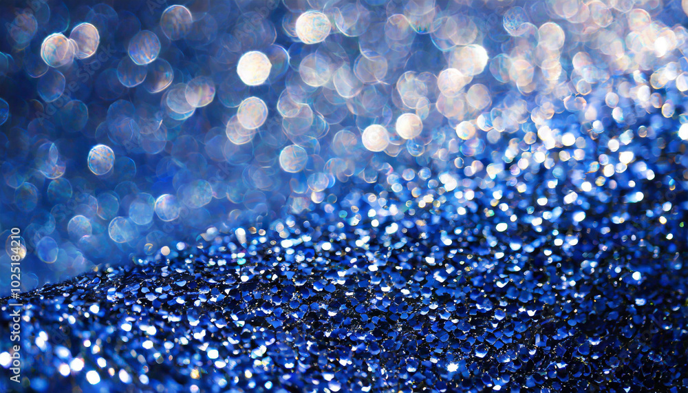 Poster close-up of shimmering blue glitter on a textured surface creating a dazzling visual effect during b