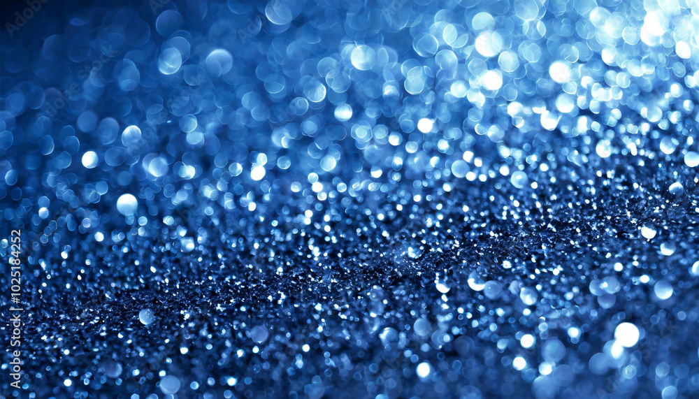 Poster close-up view of shimmering blue droplets sparkling under soft light on a dark surface in an artisti