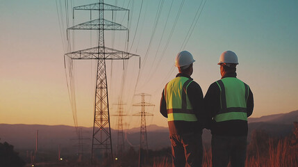 Two utility workers in high-visibility vests and hard hats inspecting power lines against a vibrant sunset, highlighting electricity infrastructure and teamwork.