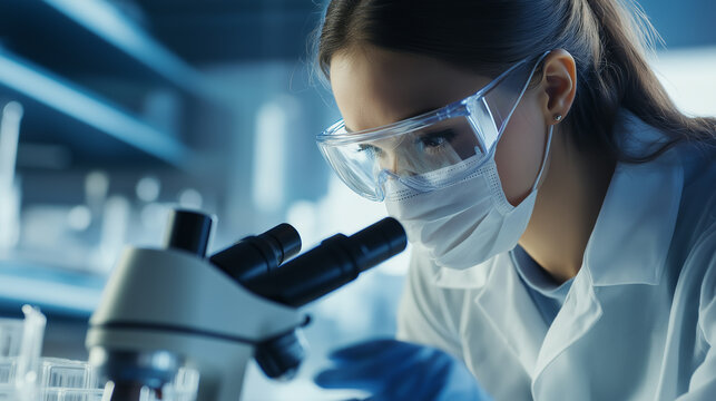 Female scientist wearing safety gear, using a microscope in a modern laboratory, representing scientific research and biotechnology.