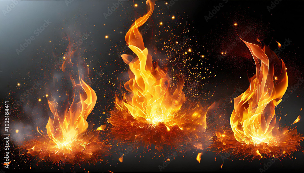 Poster dynamic flames erupting from glowing embers create an intense visual display in a dark environment