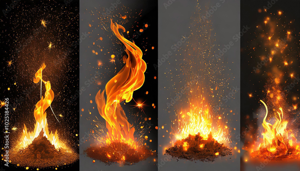 Poster dynamic and colorful flames dancing in various forms against a dark background with sparkling embers