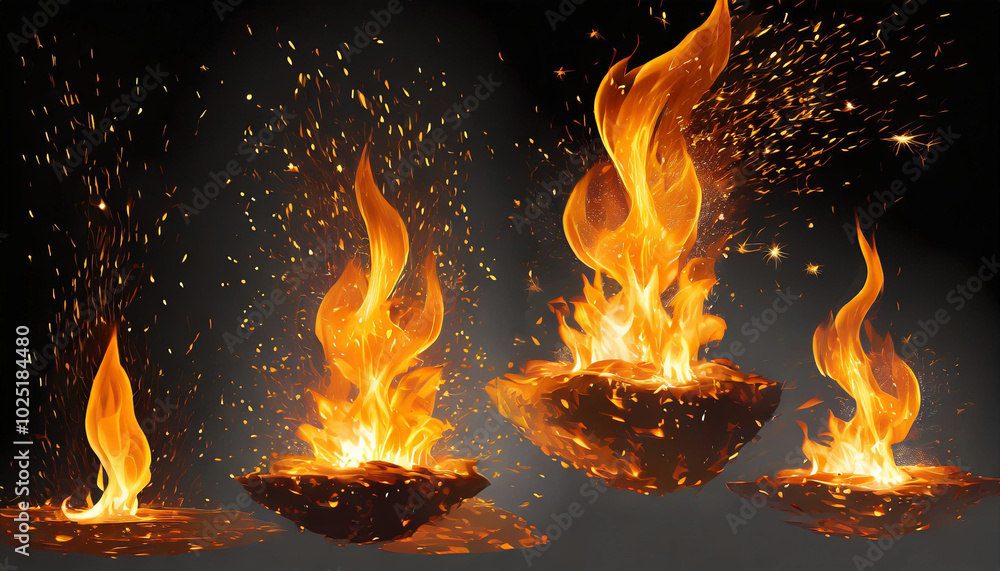 Poster vibrant flames dancing from glowing rocks create a mesmerizing display of light and heat in a darken