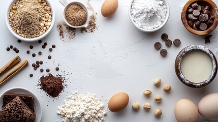 Flat lay of baking ingredients including flour, chocolate chips, eggs, and milk, arranged neatly on a light background, ideal for recipe, bakery, or cooking-themed visuals with copyspace.

