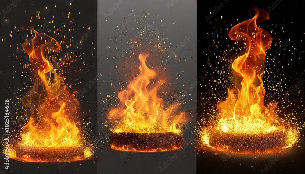 Poster flames erupting from a circular object with sparks and glowing embers captured against a dark backgr