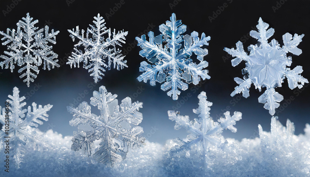 Poster intricate snowflakes on a winter background showcasing unique designs and structures in delicate fro