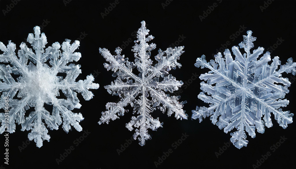 Poster beautiful array of intricate snowflakes showcasing diverse crystalline structures against a dark bac