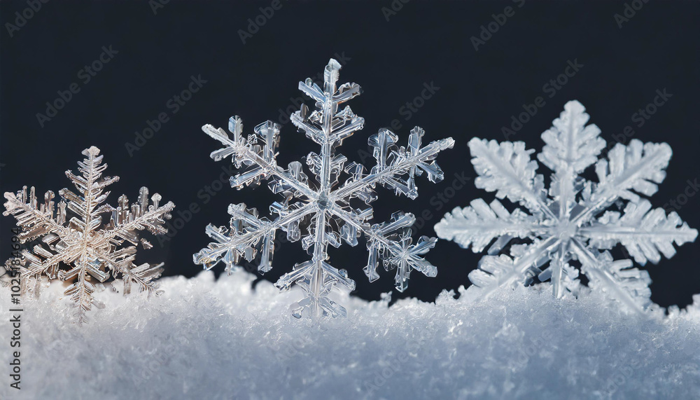 Poster three distinct snowflakes resting on a soft bed of snow in a serene winter landscape showcasing uniq