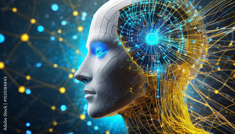 Poster a futuristic representation of artificial intelligence with a human-like robot head and glowing neur
