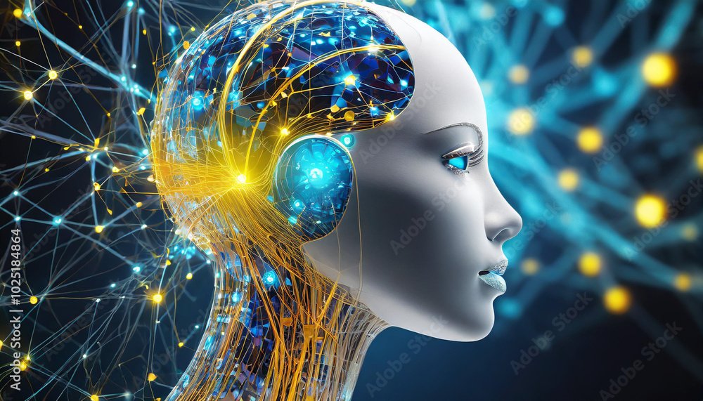 Poster a futuristic humanoid robot with glowing neural connections against a digital backdrop illustrating 