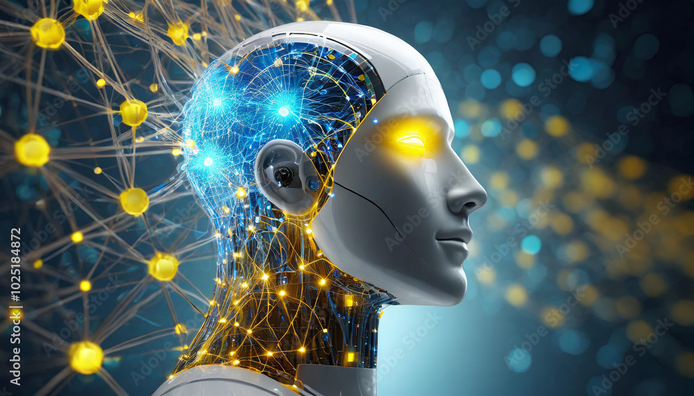 Poster human-like robot with glowing neural connections against a blue background showcasing artificial int
