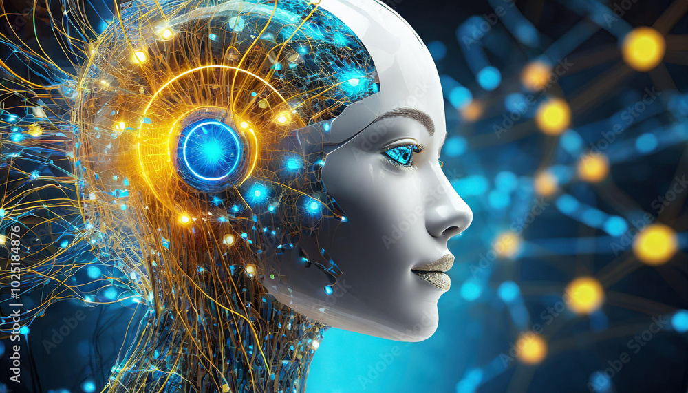 Poster a futuristic illustration of a humanoid robot’s head with glowing circuits and neural connections in