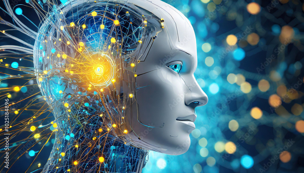 Poster futuristic humanoid robot with glowing neural connections emerging in a digital environment