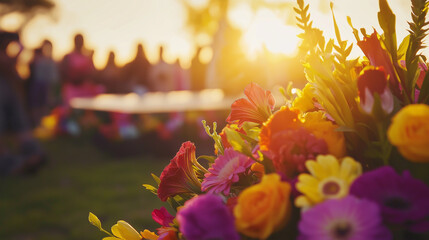 A field of colorful flowers in the foreground with a blurred group of people in the background, evoking a peaceful, solemn outdoor setting, possibly at a funeral.
