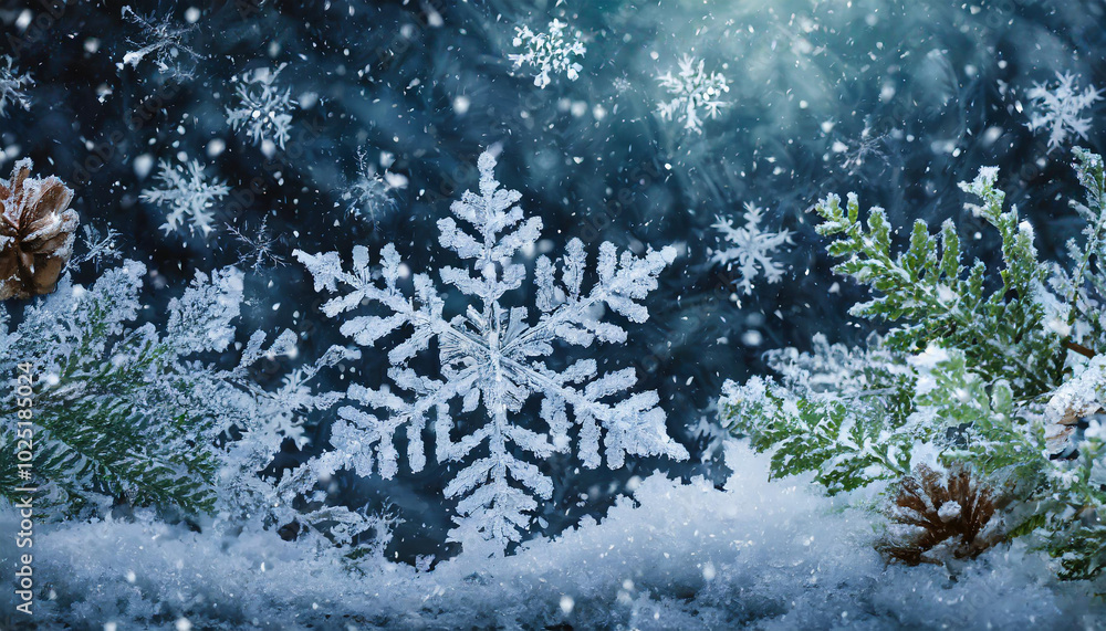 Poster beautiful snowflake surrounded by pine branches and snow with a wintery background creating a serene