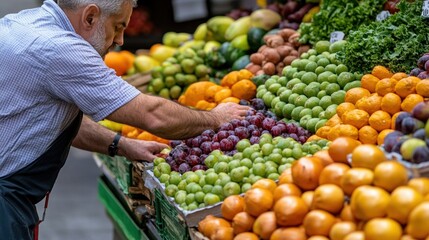 Colorful market stall with fresh fruits and vegetables, representing healthy eating and sustainable living
