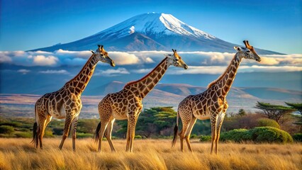 Obraz premium Three majestic giraffes standing tall against the backdrop of the iconic Kilimanjaro mountain captured from a high angle perspective, East Africa, Giraffa camelopardalis