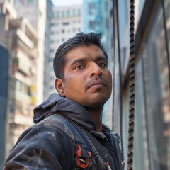 A man with a beard and a black jacket is standing in front of a building