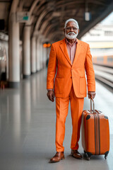 Vertical portrait of an elderly gray-haired man in a bright club suit on the platform of the station, business trip concept