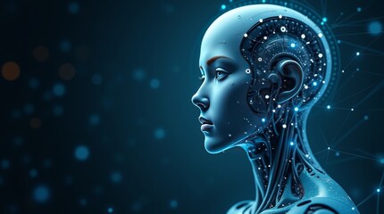 AI face on technology background, AI humans face on background, technology AI face, bionic robot face