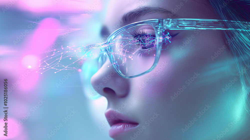 Poster girl in modern glasses with elements of artificial intelligence. background in a high-tech style. sh