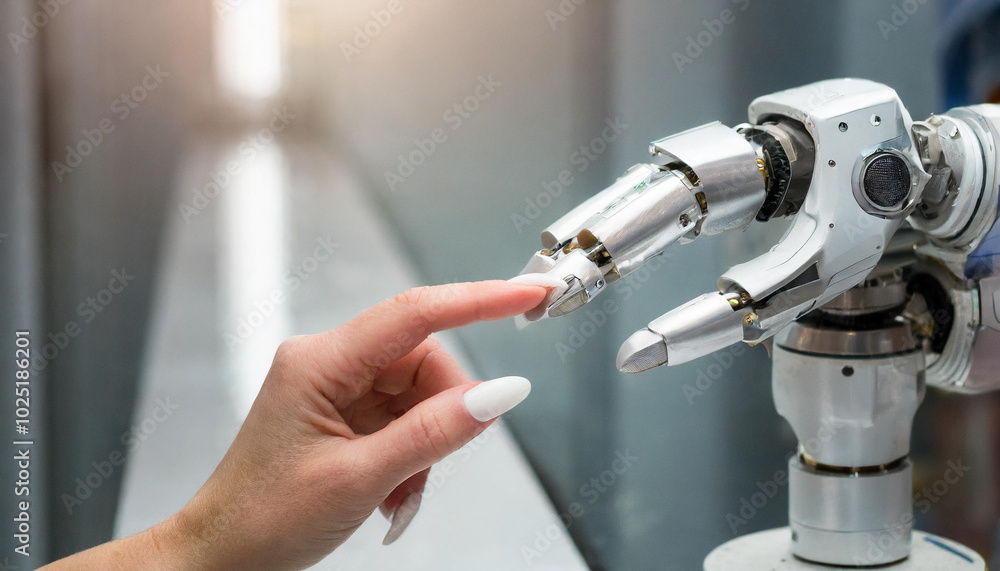 Poster humans and machines connect through touch in a modern technology lab environment during the day