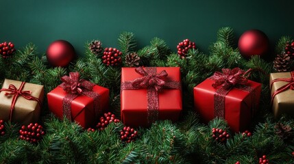 Colorful wrapped presents are arranged amidst festive pine branches, red ornaments, and berries, creating a warm and inviting atmosphere for Christmas celebrations