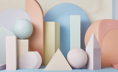 Abstract arrangement of geometric shapes in soft pastel colors, featuring spheres, rectangles, and triangles, creating a modern and minimalist aesthetic.